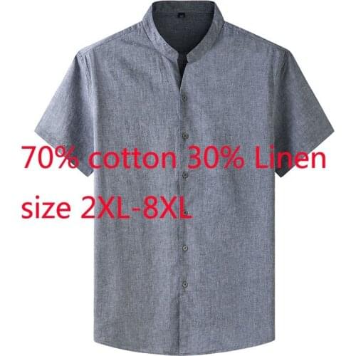 New Arrival Super Large Summer Men Fashion Casual Stand Collar Cotton Linen Short Sleeve Shirt Plus Size 2XL-4XL 5XL 6XL 7XL 8XL