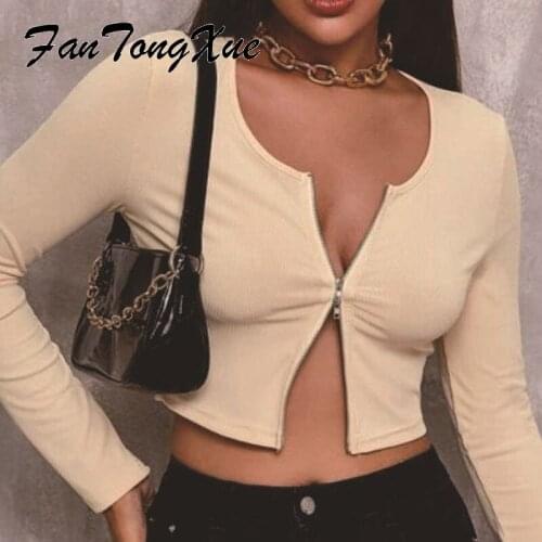 Solid Black Zip Mini Office Lady Sex Summer T Shirt Women 2021 Skinny Full Sleeve Tank Sleeve V Neck Super Short Tops for Women