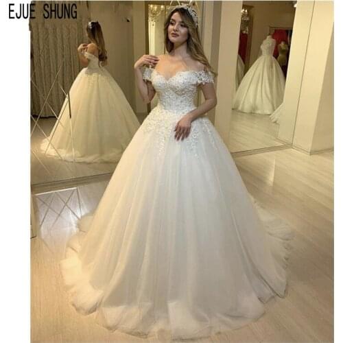 EJUE SHUNG New Design Wedding Dresses Off The Shoulder Lace Up Back With Appliques Pearls Puffy Bridal Gowns Vestido De Novia