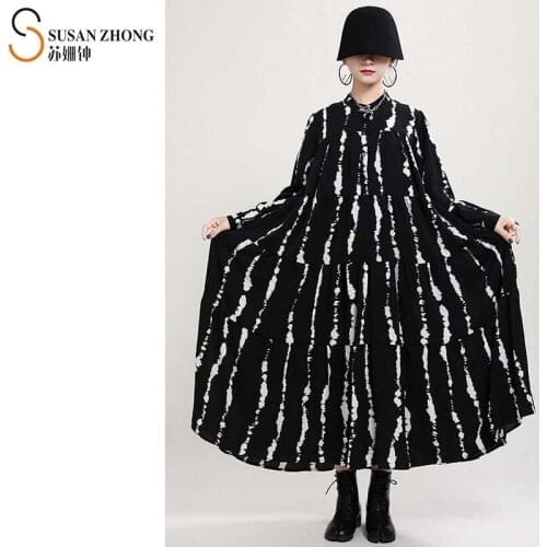 Women Dress Female One-Piece Japanese Style Designer Fall Winter A-Line Mandarin Collar Brush Print Buttons Ankle Length Spliced