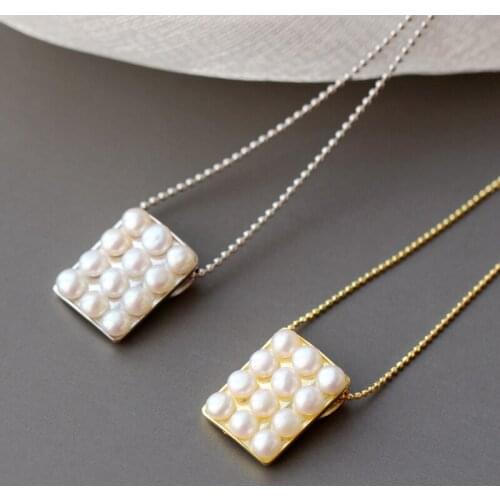 Real 925 Sterling Silver Rectangle Pendant Inlaid Natural Freshwater Pearl Lady Fashion Pendants Wedding Party Jewelry Gift