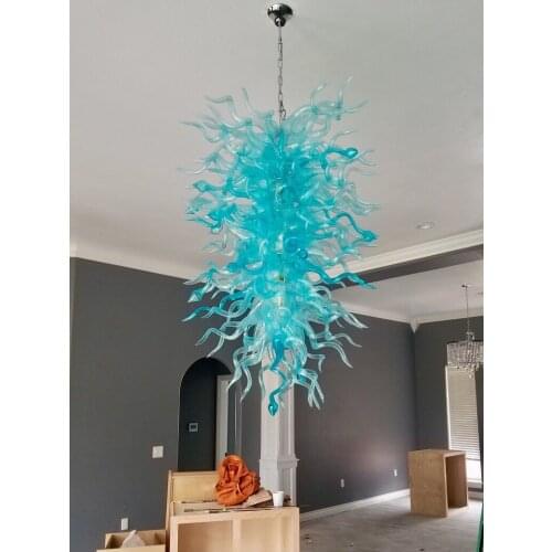 Luxury Living Room Lights LED Long Glass Art Chandelier Lighting Turquoise Hand Blown Glass Chandelier for Christmas Decoration