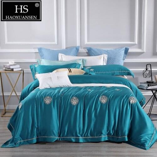 Luxury Tencel Lyocell Embroidery 4 Piece Bedding Sets Blue 100% Tencel Natural Organic Silky Soft Bed Linens Queen King Size