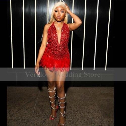 Luxury Crystal Beaded Mermaid Prom Dresses With Feather Gonna Short Prom Gowns Halter Formal Dress Vestido De Festa