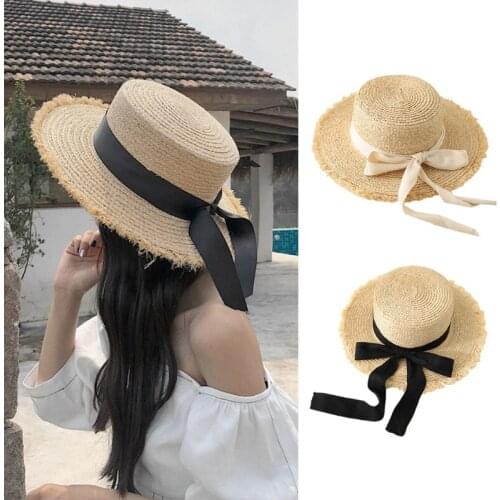 Straw Sun Hat for Women Outdoor Activities Ribbon Bow Wide Brim Sun Cap UV Protection for Summer Beach Seashore