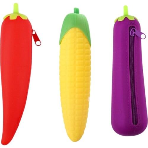 Vegetable Fruit Silicone Pencil Bag Creative Carrot Banana Hot Pepper Design Pen Bag Children Students Pencil Case Cosmetics Bag