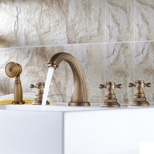 Deck Mounted 5 Holes Bathtub Mixer Faucet Antique Brass Widespread 3 Handle bathroom basin Faucet Set Handshower atf053