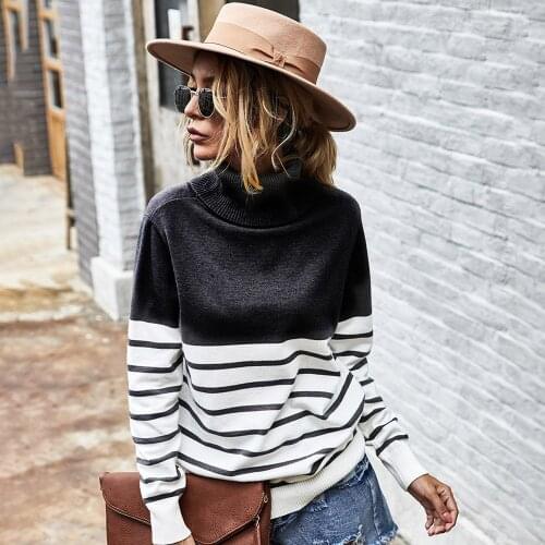 Sweater Turtleneck Women Striped Patchwork Loose Sweaters For Women Stitching Long Sleeve Top