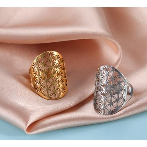 Teamer Chakra Flower of Life Rings for Women Men Stainless Steel Adjustable Ring Geometric Amulet Vintage Viking Jewelry Gifts