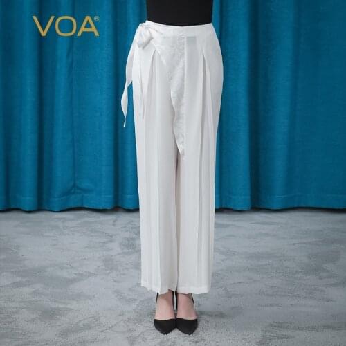 VOA 30m/m Silk Heavy Cream Asymmetrical Jacquard Three-dimensional Decorative Fold Loose Literary Wide-leg Pants In Summer KE387