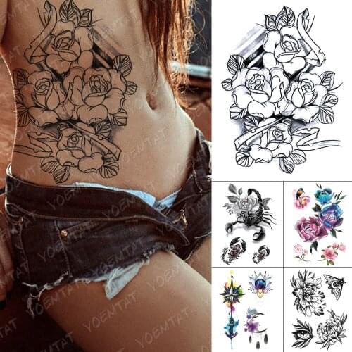 Waterproof Temporary Tattoo Stickers Rose Peony Flower Black Flash Tattoos Female Sketch Arm Chest Thigh Body Art Fake Tatoo Men