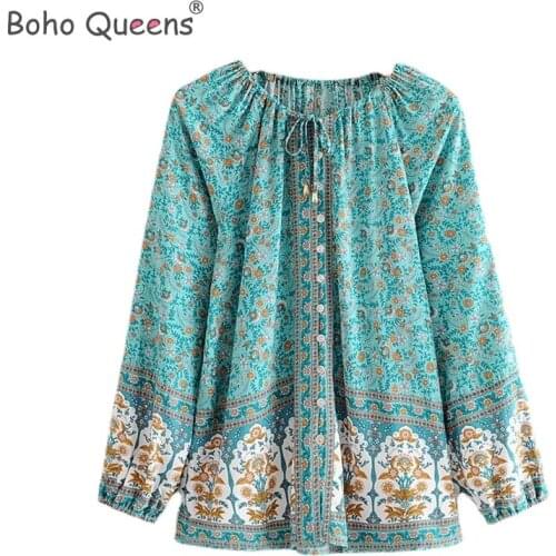 Happie chic women floral printed v-neck lace-up Boho blouse shirts Ladies rayon long sleeve shirts bohemian blusas