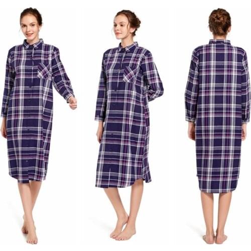 2021 Autumn and Winter Long Checkered Nightdress Cotton Cardigan Home Loose Pijamas Ladies Home Sexy Nightwear Red Sleep Shirts