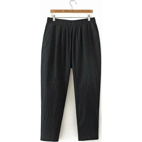 Plus Size 2XL-4XL Cotton&Linen Women Loose Causal Pants Elastic Waist Patchwork AnkleTrousers with Pockets