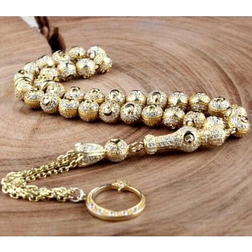 925 Sterling Silver Gold Zircon Stone Moon Star 33 Piece Tasbeeh Rosary Islamic Gift, Muslim Prayer Beads Masbaha Subha