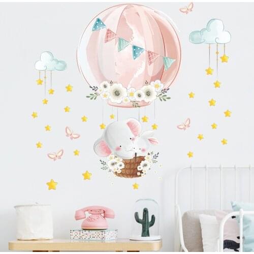 Flower Hot Air Balloon Elephant Rabbit Clouds Stars Wall Stickers Art For Kids Room Decal Birthday Decoration Nursery Deco Mural
