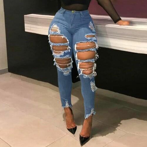 Echoine Sexy Hollow Out Denim Pants Pencil Tassel Jeans Vintage Fashion Denim Trousers Women High Waist Blue Ripped pants
