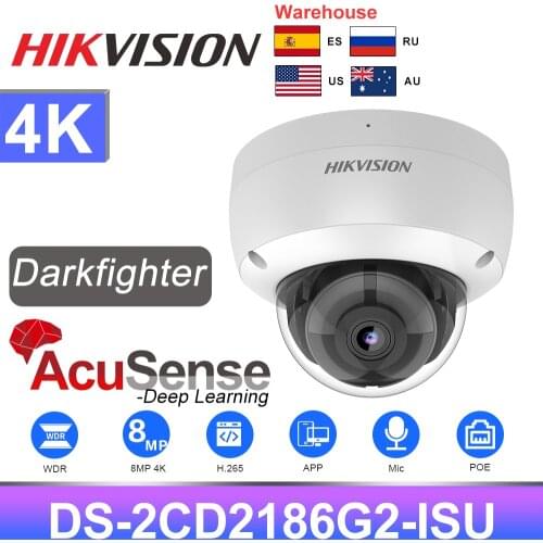 Hikvision 4K IP Camera DS-2CD2186G2-ISU 4K 8MP Acusense Microphone Dome Camera POE CCTV Security H.265 IP67 Darkfighter