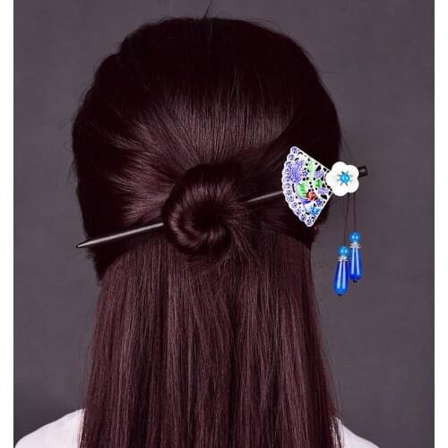 Exquisite Cloisonne Fan-shaped Hair Stick Natural Shell Flower Dignified Crystal Pendant Hair Jewelry Ancient Beauty Headwear