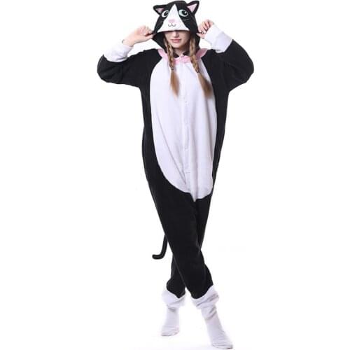 Animal Black Cat Kigurumis Onesie Women Girl DJ Kitty Matching Pajama Overall Adult Sleepwear Cartoon Carnival Jumpsuit Fantasia