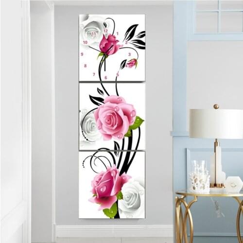 3 Pieces Pink Rose, Clock Hallway Diamond Paintings Full Square Round Triptych Diamond Embroidery Modern Simplicity A893