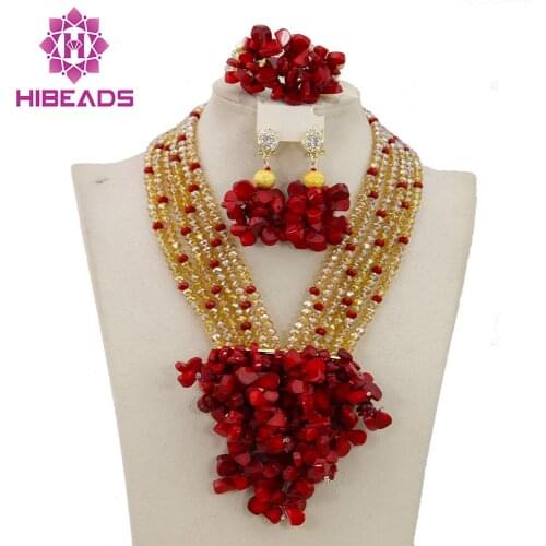 New Nigerian Wedding African Beads Jewelry Set Red/Gold Indian Bridal Jewelry Set WB437