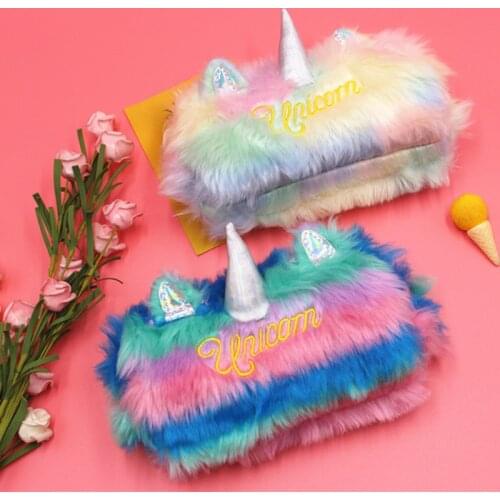 Kawaii Unicorn plush pencil case girl ins rainbow large capacity pencil case student stationery storage coin purse