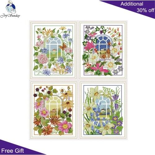 Joy Sunday Seasons H836 H837 H838 H839 Counted Stamped Four Seasons Scenery Window Spring Summer Autumn Winter Cross Stitch Kits