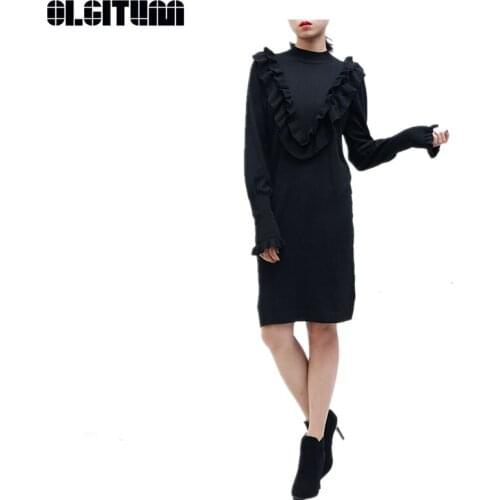 New 2020 Autumn/Winter OL Elegant Women Vestido Half High Collar Ruffled Decorative Long-sleeved Knee-length Black Knit Dress