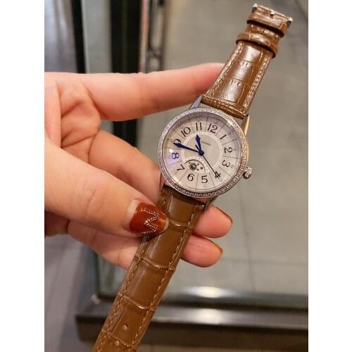 Romatic Brand Genuine Leather Lady Watch Sun Moon Turning Luxury Wrist Watch 33mm Pearl Shell Quartz Wristwatch Moon Phase