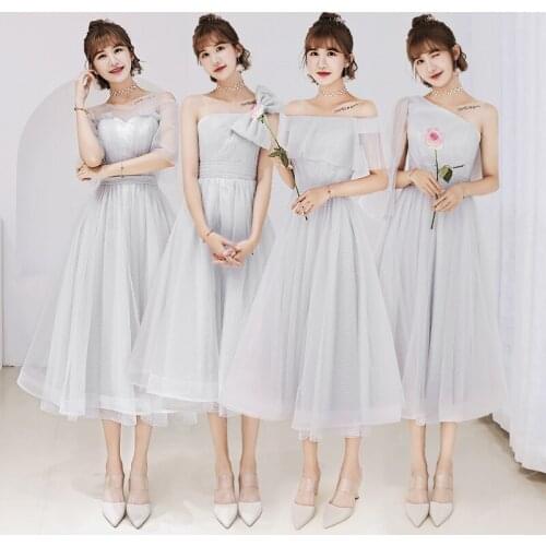 Bridesmaids Dresses Illusion Strapless Lace Pleat Tulle Knee-Length A-Line Sleeveless Luxury Gray Women Wedding Party Gown E323