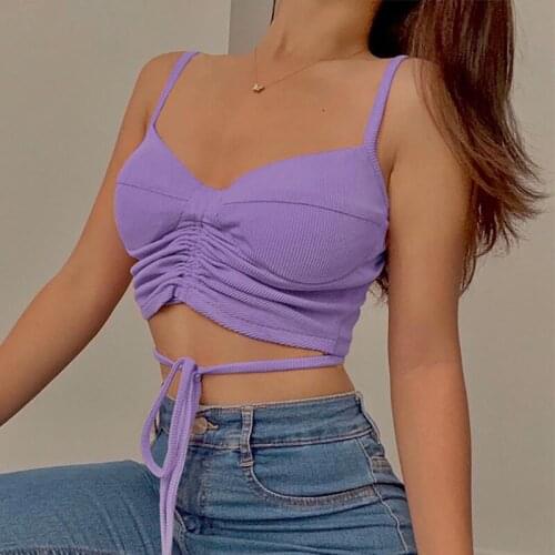 Ruched Crop Tops Women Bandage Padded Push Up Camis Bustier Sleeveless Tops Sexy Backless Corset Casual Summer V Neck Cropped