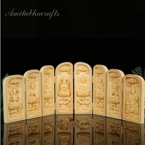 Rosewood crafts eight Buddha Statue Boxwood Carving Amitabha Maitreya saint lotus seat eight patron ornaments Box Free ship