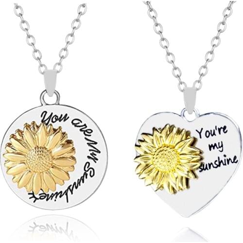 Rotatable You are My Sunshine Engraved Sunflower Necklace For Women Female