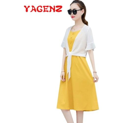 YAGENZ Fashion Harness Two piece Set Woman Short sleeve Chiffon Top And Suspender Dress Summer Clothes for Women 2 Piece Set 751