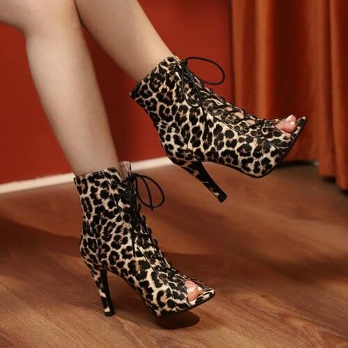 Faux Leather 2021 Summer Women Ankle Boots Fashion Peep Toe Thin High Heel Women Shoes Cross Tied Dress Boots for Women