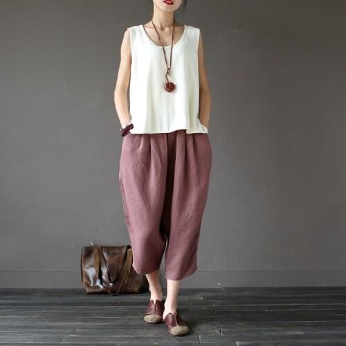Women Summer Calf-length Linen Pants 2016 Casual Solid color Loose Elastic waist Harem Pants Trousers Female