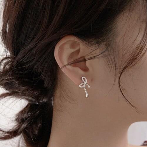 Twinkling Ribbon Bowknot 925 Sterling Silver Stud Earrings For Women Fashion Long Korean Tender Ladies Jewelry Gifts for Girls