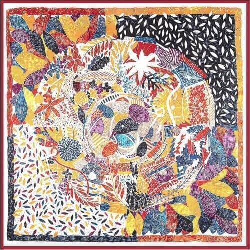 POBING 100% Pure Silk Scarf For Ladies Leaves Print Foulard Square Scarves Small Head Handkerchief Wholesale Hijab Wraps 53x53CM