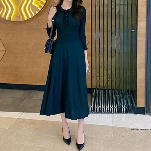 French Style Big Swing Empire Peter Pan Collar Long Sleeve Midi Corset Black Green Knitted Sweater Dress Autumn Winter Woman