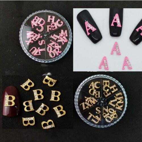 26pcs/wheel English Letter Diamond Charms Nail ;Gold/Pink A-Z Alphabet 3D Nail Art Gems Manicure Charms#26pcs
