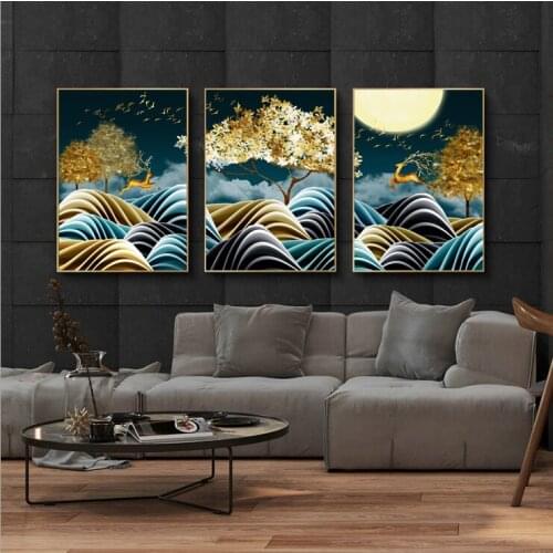 3pcs Frameless Golden Deer Pattern Print Canvas Painting Wall Art Picture for Living Room Home Decor