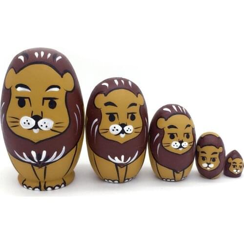 5Pcs/Set Egg Shape Cute Lion Nesting Dolls Wooden Figurine Matryoshka Kids Toy