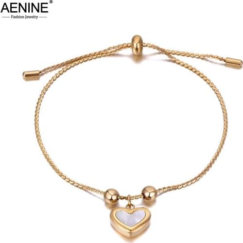 AENINE Fashion 316L Stainless Steel Shell Heart Charm Bracelets For Women Bohemia Adjustable Party Bracelet Jewelry AB20154