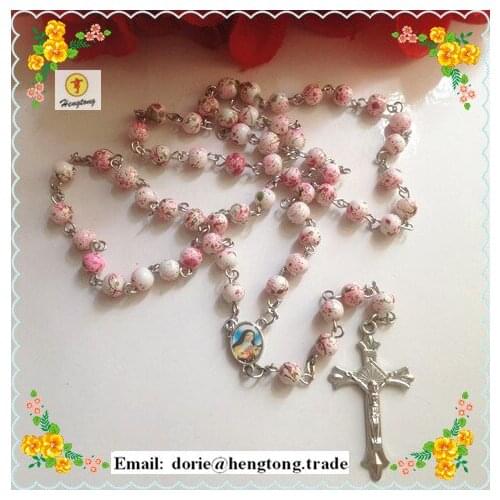 Free shipping beautiful flower design 6mm glass round bead rosary necklace silver chain rosary religious rosario