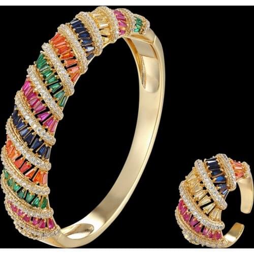 Zlxgirl jewelry mixed color cubic zircon copper bangle with ring jewelry sets high quality women gold copper bracelet & bangle