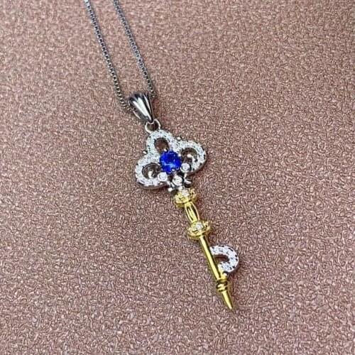 Elegant key Clover Natural blue sapphire pendant S925 silver Natural Gemstone Pendant Necklace women girl Office fine jewelry