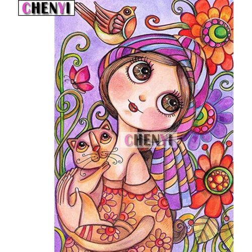 CHENYI Diy Diamond Embroidery Cat 5D Diamond Painting Cartoon Girl Mosaic Diamond Art Of Rhinestones Paint By Numbers Decor Home