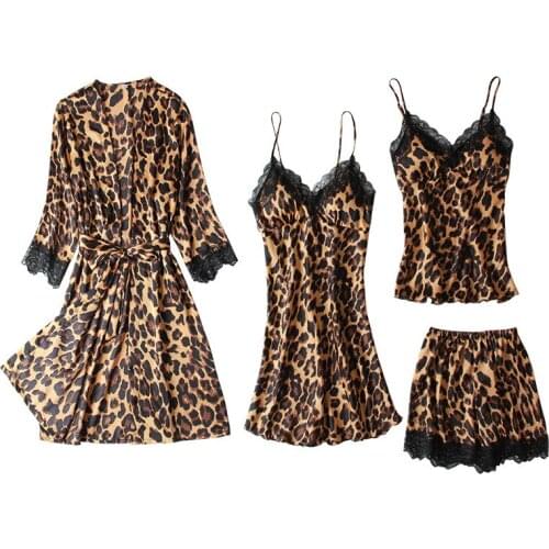 4Pcs Women Lace Satin Pajamas Set Sleep Suit V-Neck Cami Nighties Wear Pijama Home Clothing Leopard Print Nightwear Spring