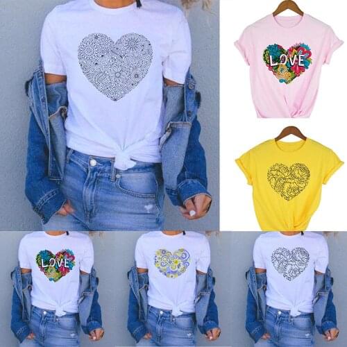 Cool Women T-shirt Heart Flowers Love Casual Shirts Yellow Blue Floral Heart Camisas Mujer Female Clothes Korean Graphic Fashion